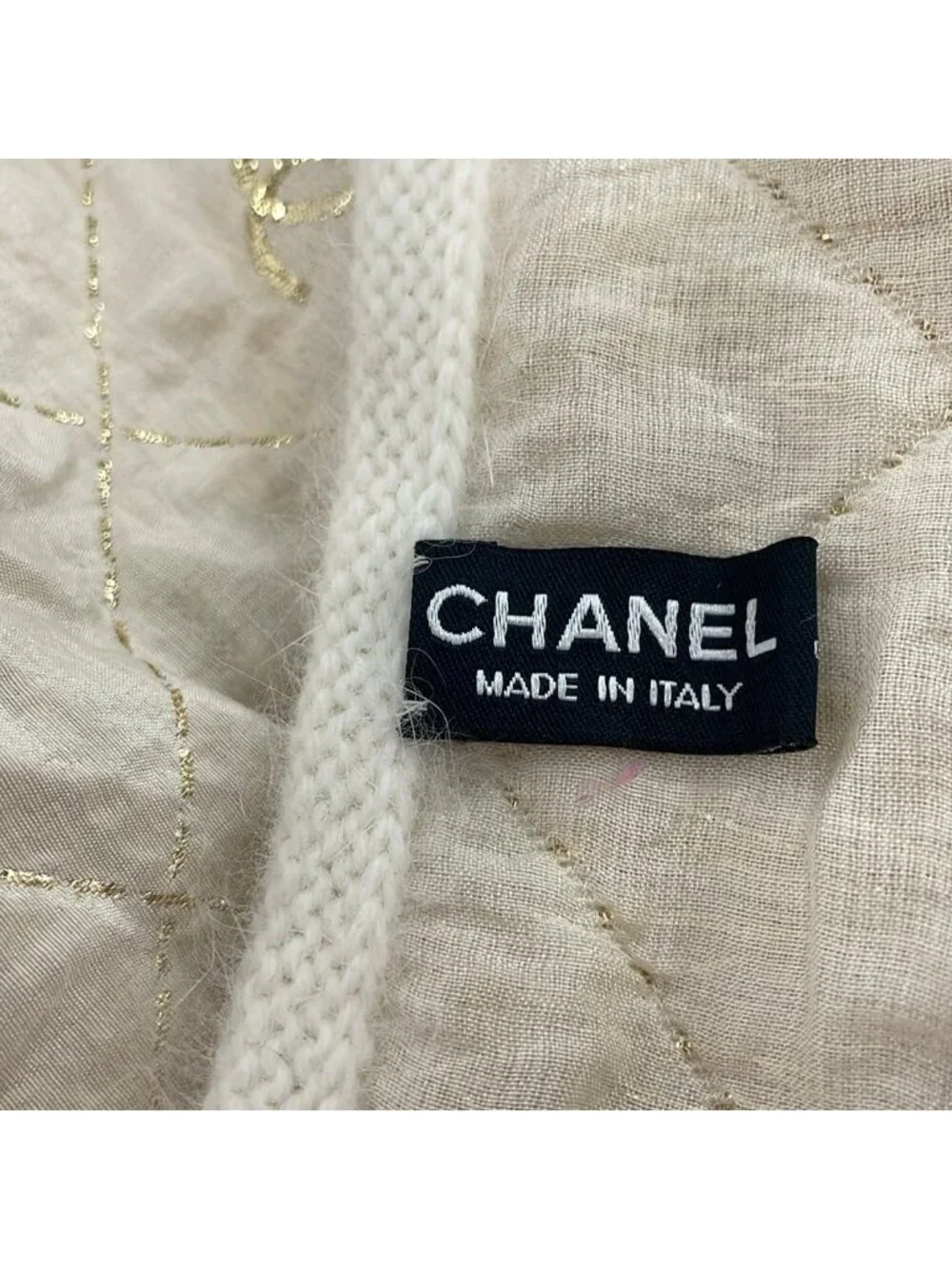 Chanel Scarf Ivory Gold Fur CC Logo Quilted Wool Cashmere Angora